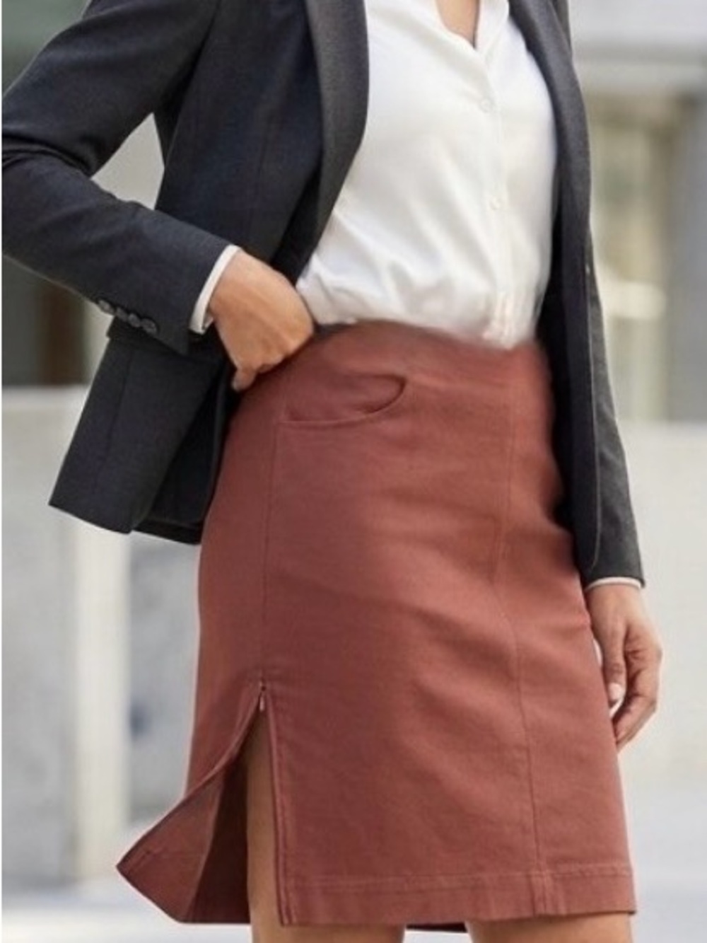 Cabi Boss Skirt Womens 10 Currant/Brown Pencil Mid Length Stretch Pocket Office